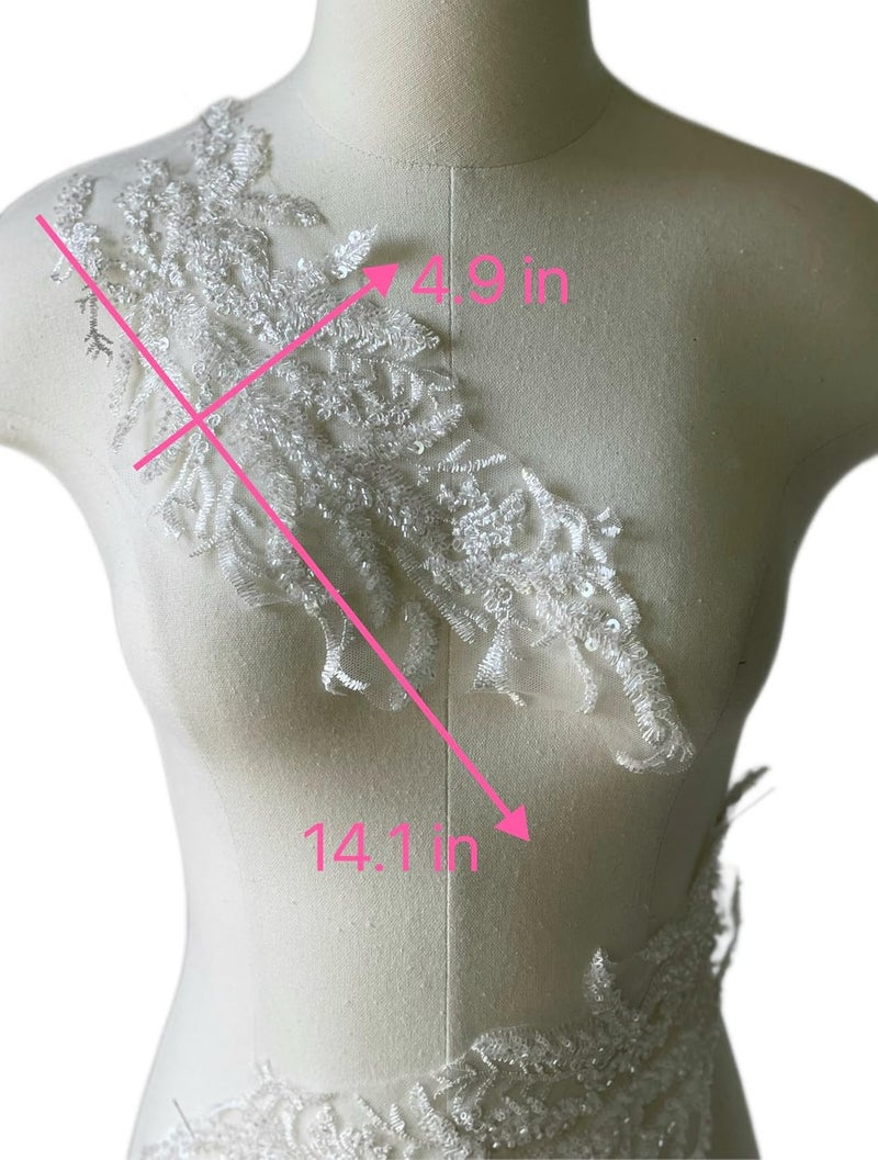 JRYYR Beaded Applique, Flower Sequin Patch, White Applique for DIY Neckline Wedding Bridal Prom Dresses Costumes 14.1x4.9 inches 1 Pair (White) - Image 5